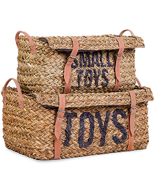 Childhome Cesti Intrecciati in Paglia con Manici e Stringhe in Pelle - Set da 2 Contenitori Porta Giochi