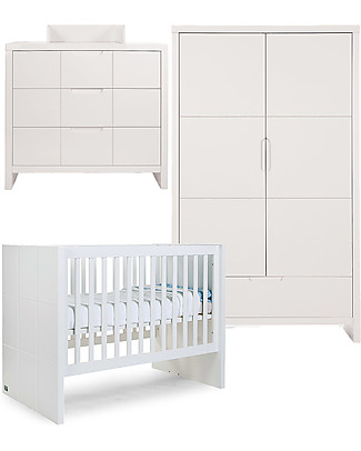Childhome Lettino con Sbarre 60x120 cm + Armadio a Due Ante + Cassettiera Quadro Lettini Con Sbarre