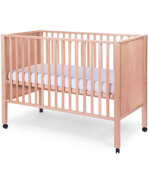 Childhome Lettino con Sbarre in Legno di Faggio, Legno Naturale , 60 x 120 cm - Con ruote! Lettini con Sbarre