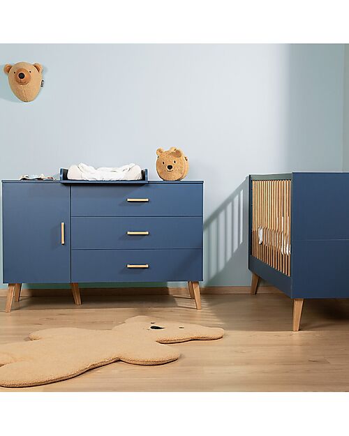 Childhome Lettino Culla con Sbarre + Cassettiera con Fasciatoio Removibile - Blu Letti Trasformabili