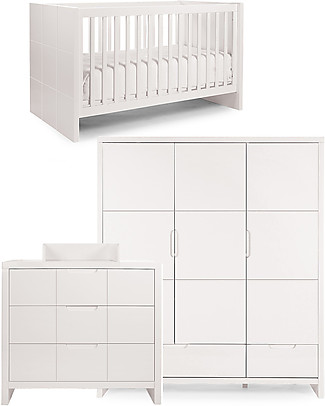 Childhome Letto con Sbarre 70x140 cm + Armadio a 3 Ante + Cassettiera Quadro Armadi