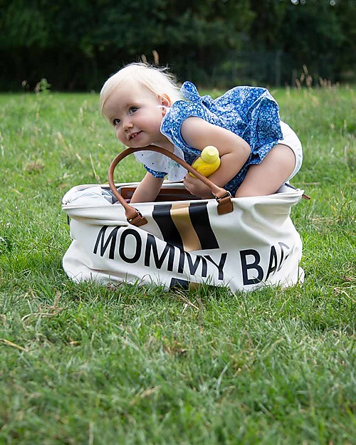 Childhome Mommy Bag Borsa Fasciatoio - 55x30x40 cm - Righe Nero/Oro - Include materassino per il cambio! Borse Cambio