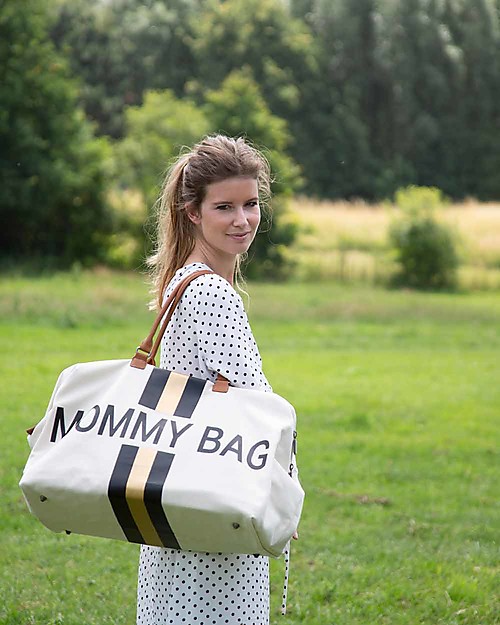 Childhome Mommy Bag Borsa Fasciatoio - 55x30x40 cm - Righe Nero/Oro - Include materassino per il cambio! Borse Cambio