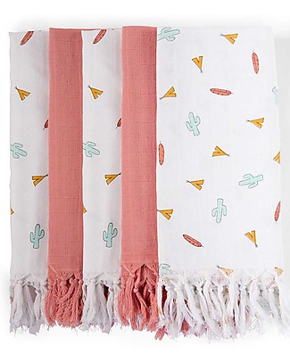 Childhome Panni in Mussola - Tipi + Nude Con Frange - 5 Pezzi - 100% Cotone Copertine Swaddles