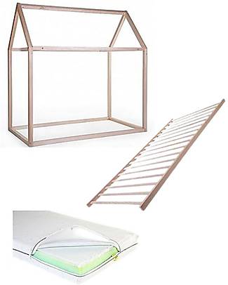 Childhome Set Cameretta - Lettino Casetta in Faggio 140x70 cm + Materasso e Doghe Incluse! Letti Singoli
