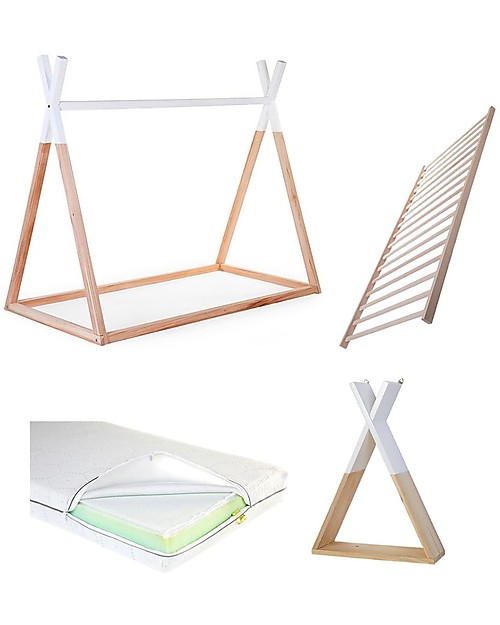 Childhome Set Cameretta - Lettino Tipi in Faggio 140x70 cm + Coprimaterasso e Mensola + Materasso e Doghe Incluse! Letti Montessoriani
