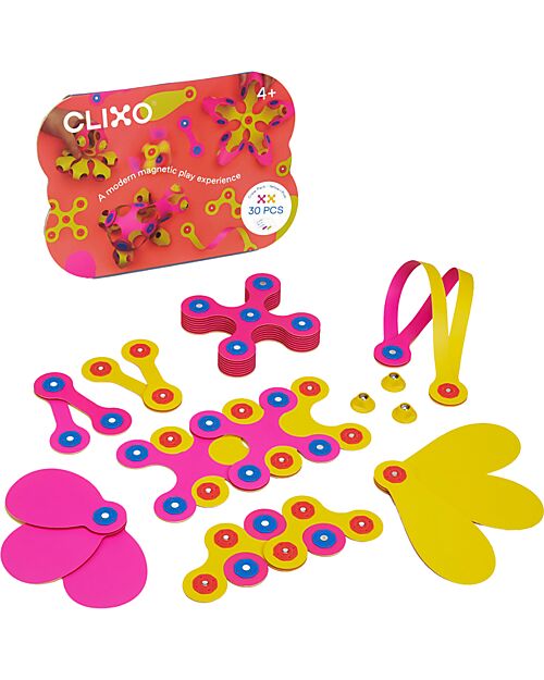 Clixo Crew Pack - 30 Pezzi - Rosa Giallo - Gioco Magnetico STEAM - 4+ Anni Giochi Magnetici