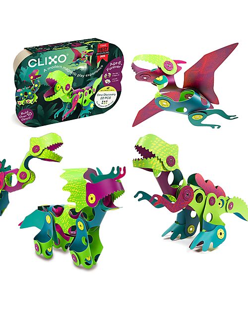 Clixo Dino Discovery Pack - 22 pezzi - Gioco Magnetico STEAM - 6+ Anni Giochi Magnetici