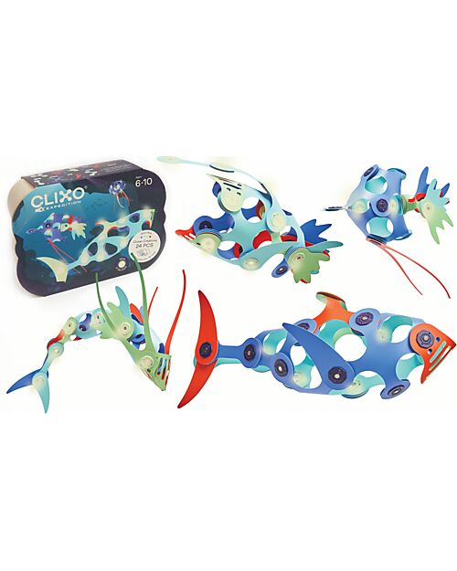 Clixo Ocean Creatures - 24 pezzi - Glow in The Dark - Gioco Magnetico STEAM  - 6+ Anni Giochi Magnetici