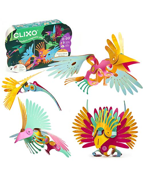 Clixo Tropical Birds - 22 Pezzi - Gioco Magnetico STEAM - 4+ Anni Giochi Magnetici