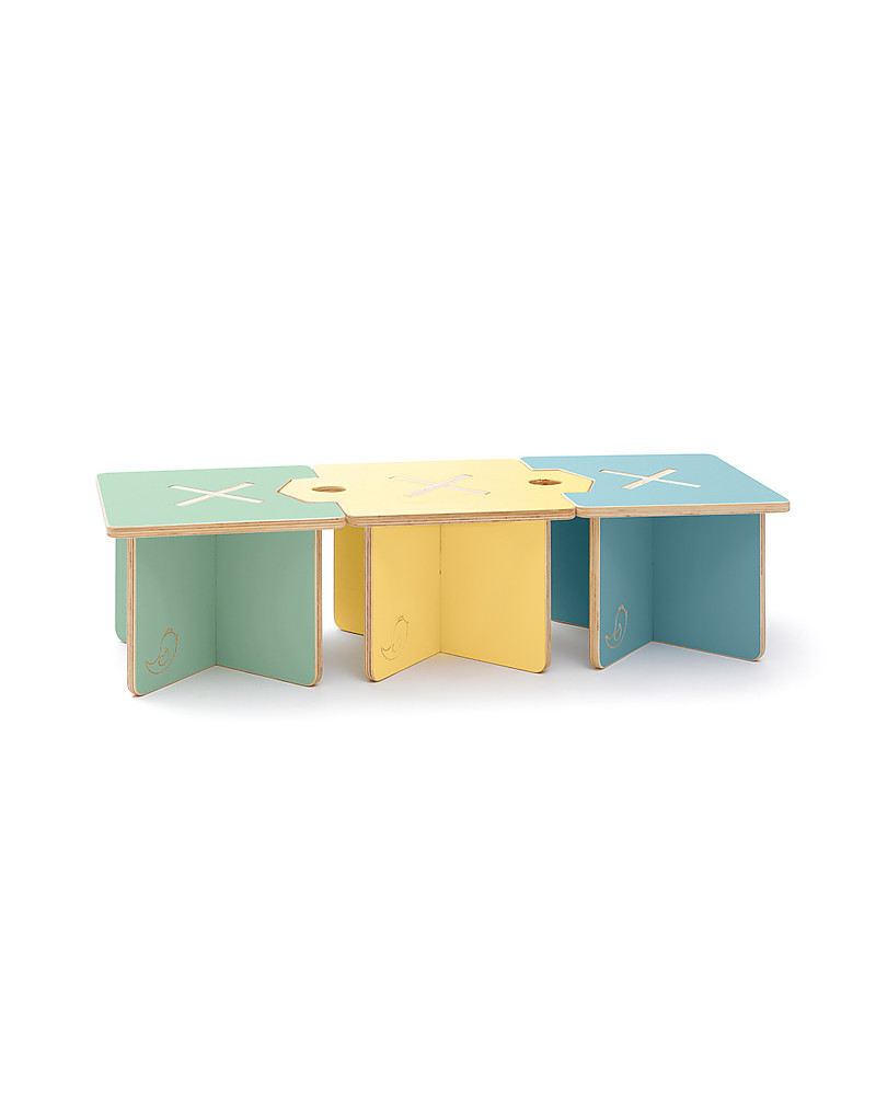 Cocò&Design Set da 3 Sgabello e Tavolino Modulare Lapo,  Azzurro/Giallo/Verde - 120x40x30 cm - Legno di pioppo unisex (bambini)