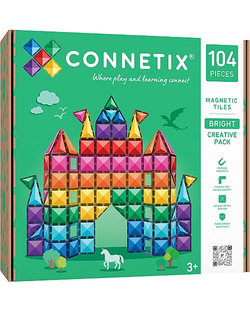 Connetix 104 Pezzi - Pacco Creativo - Bright - 100% Plastica ABS Atossica - Apprendimento STEM! Giochi Magnetici