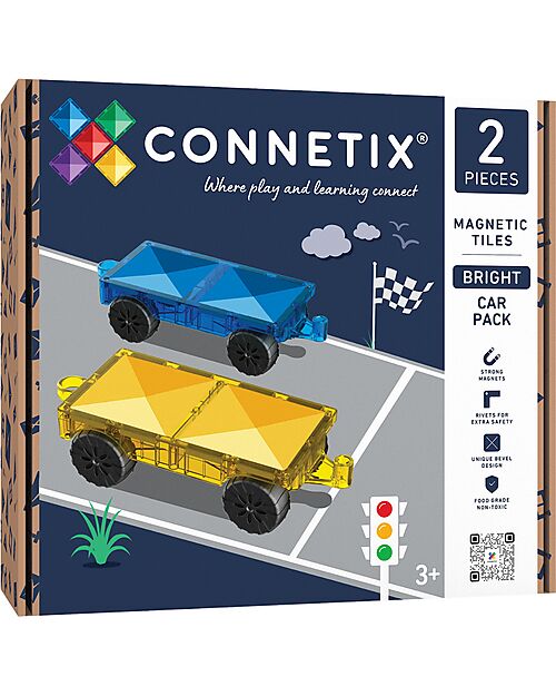 Connetix 2 Pezzi - Pacco Auto - Bright - 100% Plastica ABS Atossica - Apprendimento STEM! Giochi Magnetici