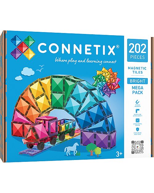 Connetix 202 Pezzi - Pacco Mega - Bright - 100% Plastica ABS Atossica - Apprendimento STEM! Giochi Magnetici