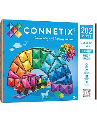Connetix 202 Pezzi - Pacco Mega - Bright - 100% Plastica ABS Atossica - Apprendimento STEM! Giochi Magnetici