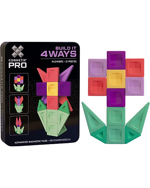 Connetix 21 Pezzi - Pacco Build-It Pro - Fiori - 100% Plastica ABS Atossica - Apprendimento STEM! Giochi Magnetici
