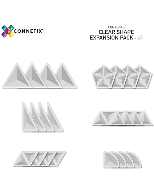 Connetix 24 Pezzi - Pacco Espansione Forme - Trasparente - 100% Plastica ABS Atossica - Apprendimento STEM! Giochi Magnetici