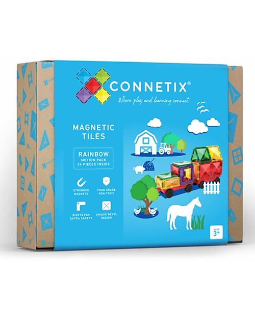 Connetix 24 Pezzi - Tessere e Gomme per Auto - Arcobaleno - 100% Plastica ABS Atossica - Apprendimento STEM! Giochi Magnetici