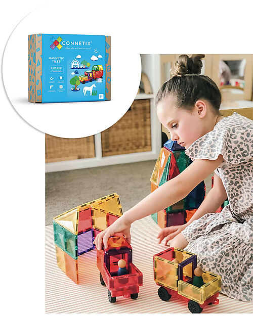Connetix 24 Pezzi - Tessere e Gomme per Auto - Arcobaleno - 100% Plastica ABS Atossica - Apprendimento STEM! Giochi Magnetici