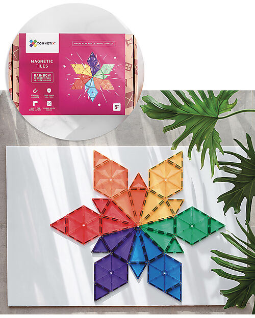 Connetix 30 Pezzi - Forme Geometriche - Arcobaleno - 100% Plastica ABS Atossica - Apprendimento STEM! Giochi Magnetici
