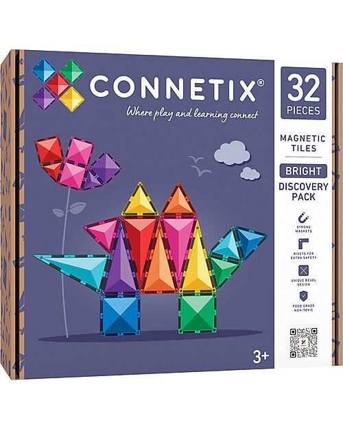 Connetix 32 Pezzi - Pacco Scoperta - Bright - 100% Plastica ABS Atossica - Apprendimento STEM! Giochi Magnetici