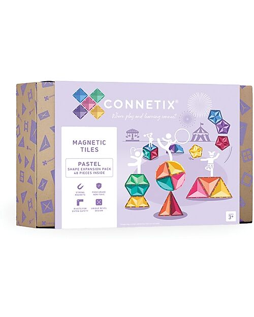 Connetix 48 Pezzi - Pacco Espansione Forme - Pastello - 100% Plastica ABS Atossica - Apprendimento STEM! Giochi Magnetici