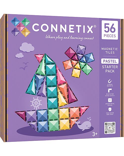 Connetix 56 Pezzi - Pacco Iniziale - Pastello - 100% Plastica ABS Atossica - Apprendimento STEM! Giochi Magnetici