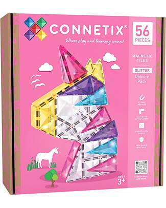 Connetix 56 Pezzi - Set Unicorno Glitter - 100% Plastica ABS Atossica - Apprendimento STEM! Giochi Magnetici