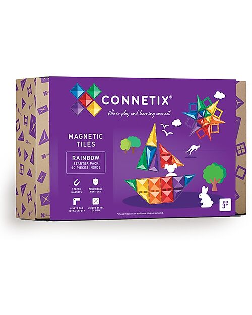 Connetix 60 Pezzi - Pacco Iniziale - Arcobaleno - 100% Plastica ABS Atossica - Apprendimento STEM! Giochi Magnetici