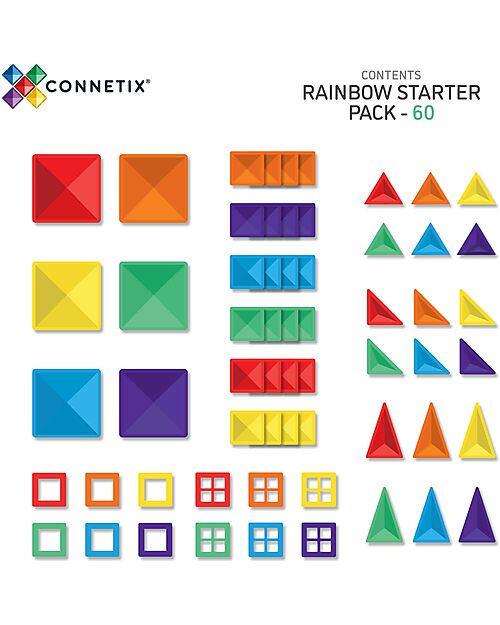 Connetix 60 Pezzi - Pacco Iniziale - Arcobaleno - 100% Plastica ABS Atossica - Apprendimento STEM! Giochi Magnetici