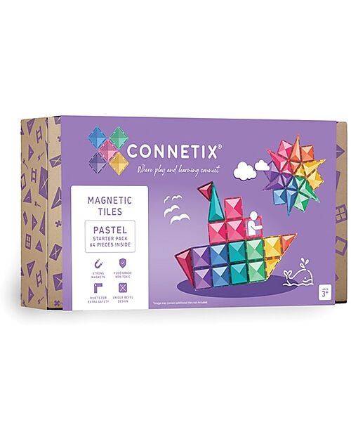 Connetix 64 Pezzi - Pacco Iniziale - Pastello - 100% Plastica ABS Atossica - Apprendimento STEM! Giochi Magnetici