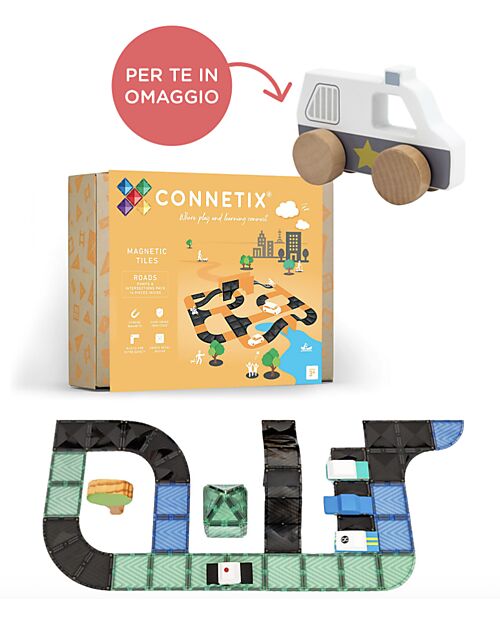 Connetix Pacco 16 Pezzi - Rampe e Intersezioni - Nero - In Regalo Macchina della Polizia in Legno! Giochi Magnetici