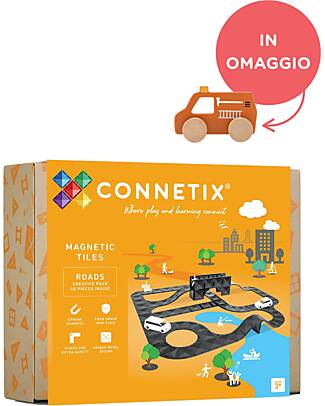 Connetix Pacco 48 Pezzi - Roads - Nero - In Regalo Camion dei Pompieri in Legno! Giochi Magnetici