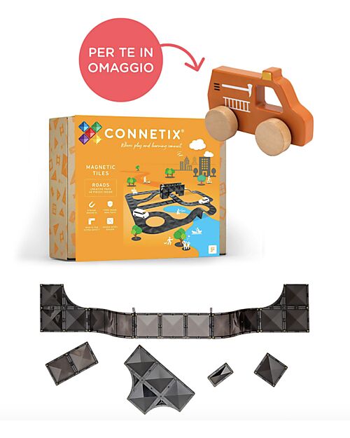 Connetix Pacco 48 Pezzi - Roads - Nero - In Regalo Camion dei Pompieri in Legno! Giochi Magnetici