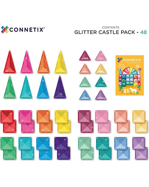 Connetix Set Castello Glitter - 48 Pezzi - 100% Plastica ABS Atossica - Apprendimento STEM! Giochi Magnetici