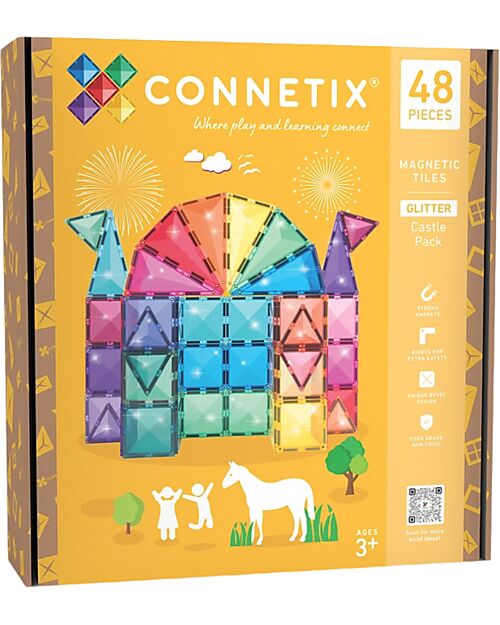 Connetix Set Castello Glitter - 48 Pezzi - 100% Plastica ABS Atossica - Apprendimento STEM! Giochi Magnetici
