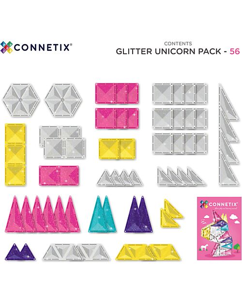 Connetix Set Unicorno Glitter - 56 Pezzi - 100% Plastica ABS Atossica - Apprendimento STEM! Giochi Magnetici
