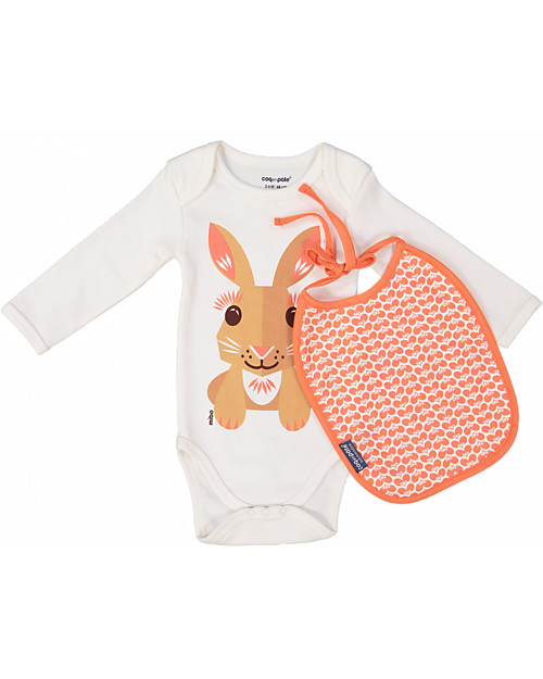 Coq en Pâte Set Body Maniche Lunghe e Bavaglino Coniglio, Rosa Corallo - 100% cotone bio Completi e Set
