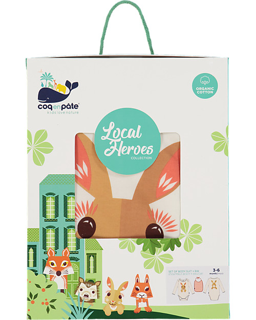 Coq en Pâte Set Body Maniche Lunghe e Bavaglino Coniglio, Rosa Corallo - 100% cotone bio Completi e Set