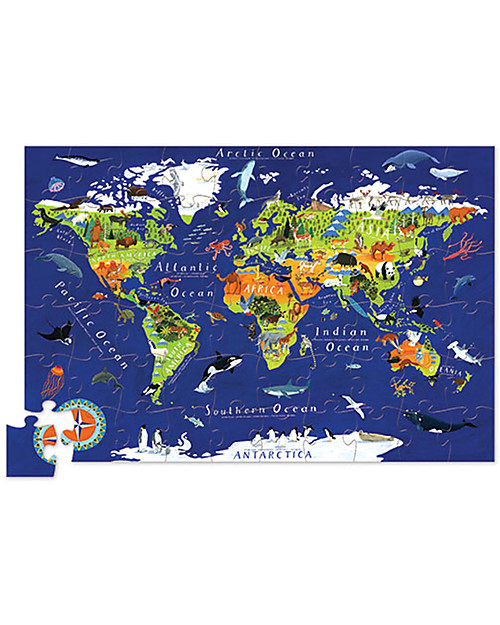Crocodile Creek Puzzle Scatola Tonda (60 pezzi) - Mappa del Mondo e Animali Puzzle