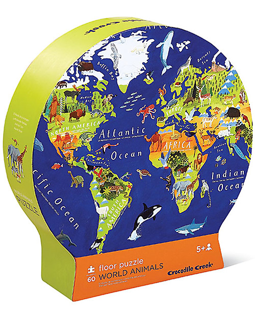 Crocodile Creek Puzzle Scatola Tonda (60 pezzi) - Mappa del Mondo e Animali Puzzle
