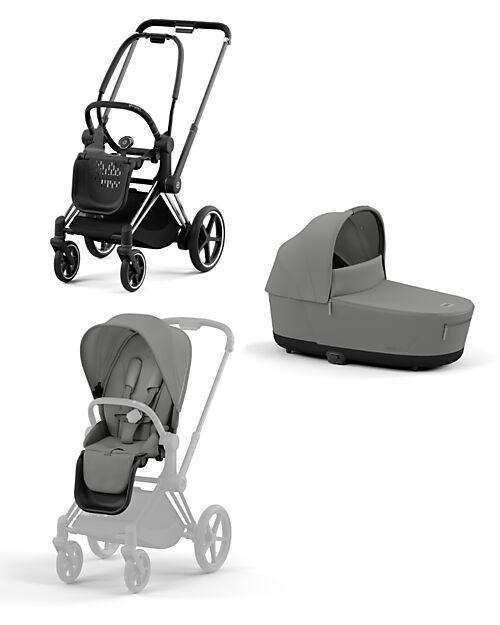 Cybex DUO Priam4 - Telaio Passeggino Chrome Black con Seat Pack e Navicella Mirage Grey Passeggini Trio e Duo