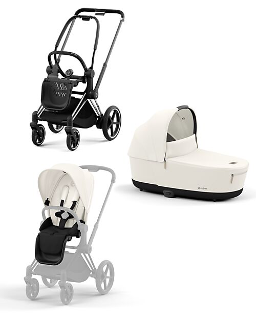 Cybex DUO Priam4 - Telaio Passeggino Chrome Black con Seat Pack e Navicella Offwhite Passeggini Trio e Duo