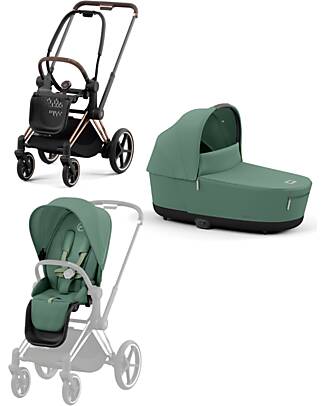 Cybex DUO Priam4 - Telaio Passeggino Rosegold con Seat Pack e Navicella Leaf Green Passeggini Trio e Duo