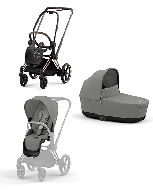 Cybex DUO Priam4 - Telaio Passeggino Rosegold con Seat Pack e Navicella Mirage Grey Passeggini Trio e Duo