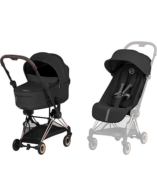 Cybex Passeggino 2 in 1 Coya con Navicella - Sepia Black - Tela io Rosegold - dalla Nascita ai 4 anni Passeggini Leggeri