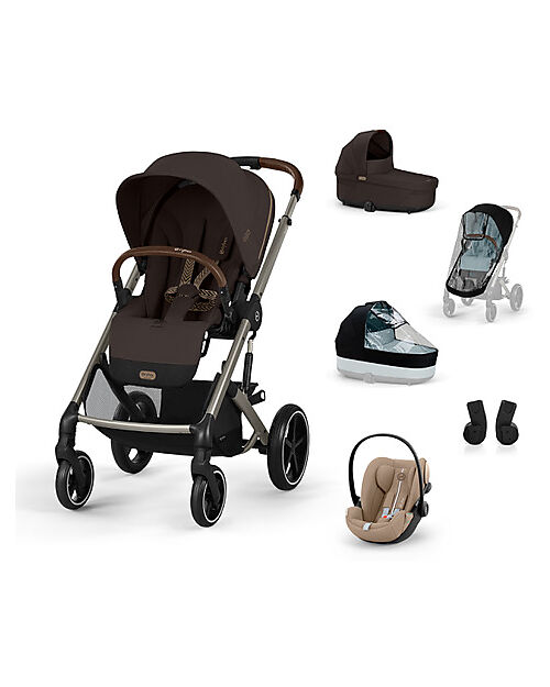Cybex Passeggino Balios S Lux Trio Completo L - Chocolate Brown - Passeggino + Navicella + 2 Parapioggia + Seggiolino Auto Cloud G i-Size Plus Almond Beige e Adattatori Passeggini Trio e Duo