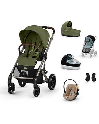 Cybex Passeggino Balios S Lux Trio Completo L - Moss Green - Passeggino + Navicella + 2 Parapioggia + Seggiolino Auto Cloud G i-Size Plus Almond Beige e Adattatori Passeggini Trio e Duo