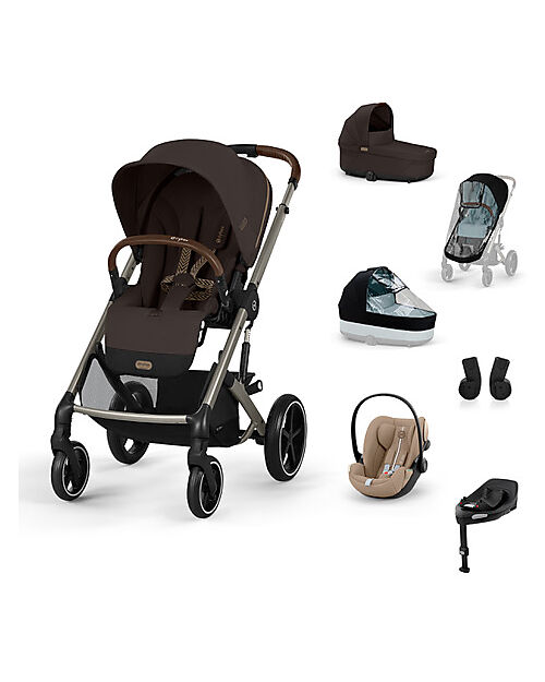 Cybex Passeggino Balios S Lux Trio Completo XL - Chocolate Brown - Passeggino + Navicella + 2 Parapioggia + Seggiolino Auto Cloud G i-Size Plus Almond Beige + Base e Adattatori Passeggini Trio e Duo