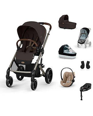 Cybex Passeggino Balios S Lux Trio Completo XL - Chocolate Brown - Passeggino + Navicella + 2 Parapioggia + Seggiolino Auto Cloud G i-Size Plus Almond Beige + Base e Adattatori Passeggini Trio e Duo